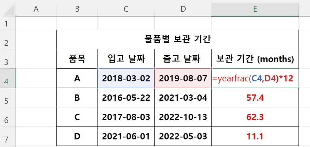 yearfrac 함수를 이용하여 개월수르 계산하기