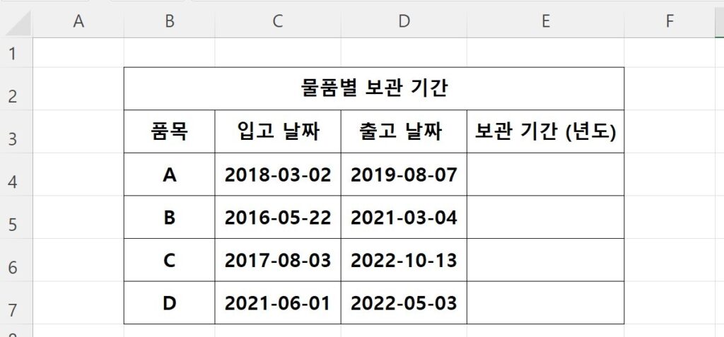 엑셀에서 날짜 차이를 구해볼 자료